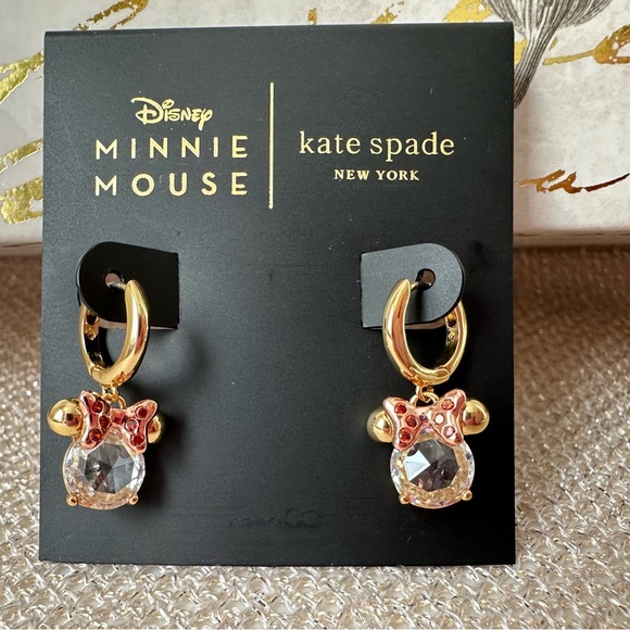 Kate Spade x Disney Minnie Mouse Dangle Huggie Crystal Earrings Goldtone - Picture 1 of 5